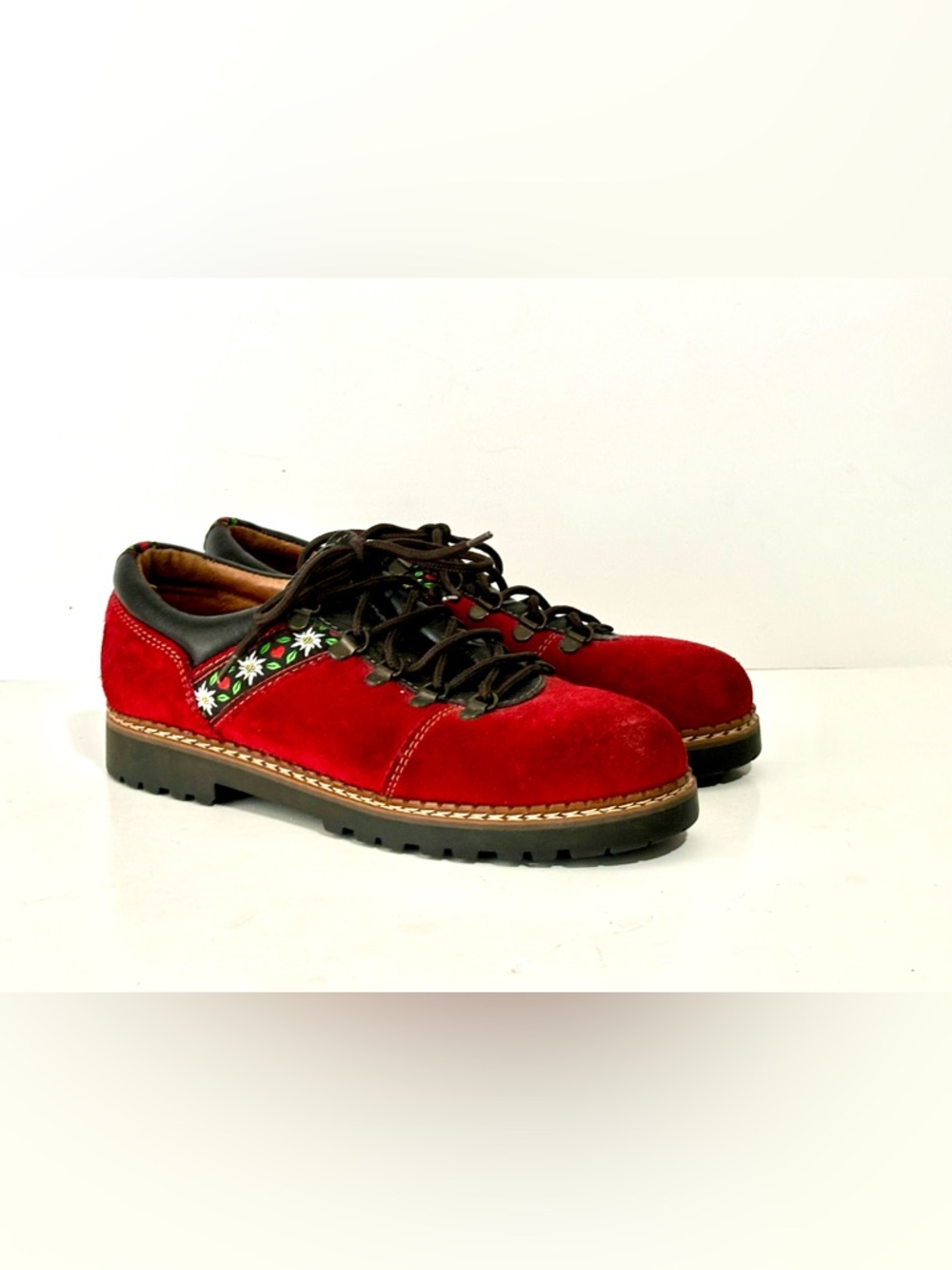 Vintage Hiking Boots  - Josef Seibel - Cherry Red Suede w Leather & Folk Trim - Picture 3 of 10